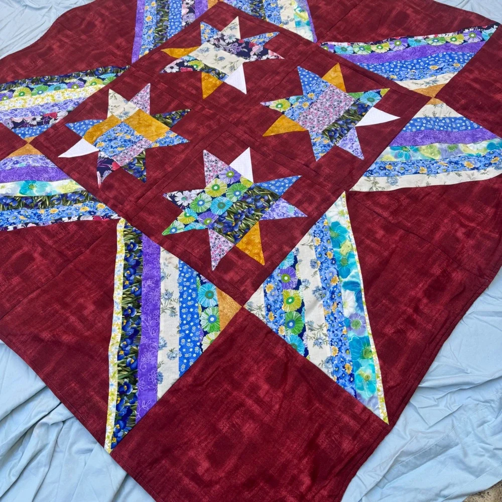 Vintage Handmade Star Patchwork Quilt Burgundy Floral Mason Jar Embroidery 60x60